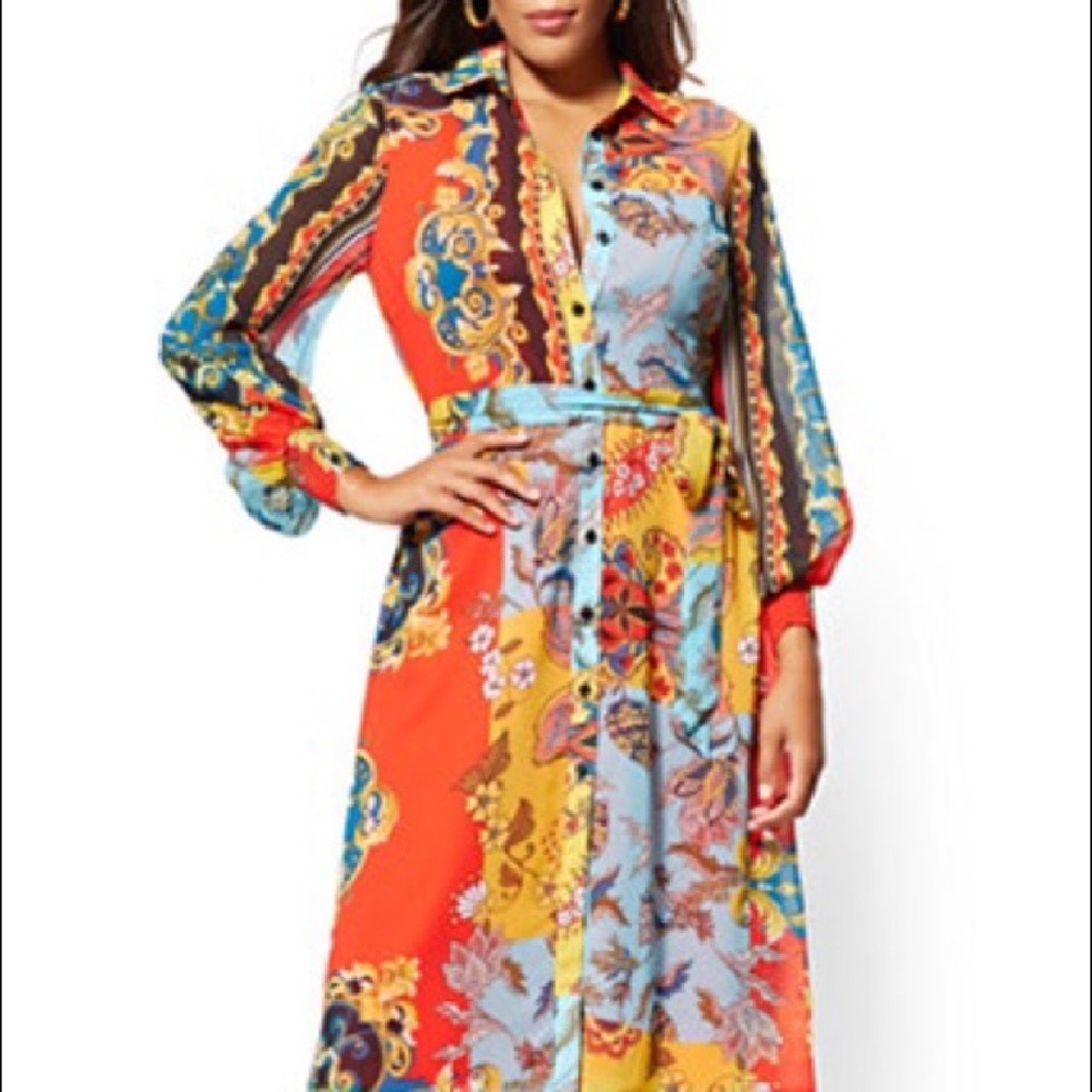 NY & Company Mixed-Print Chiffon Midi Shirtdress